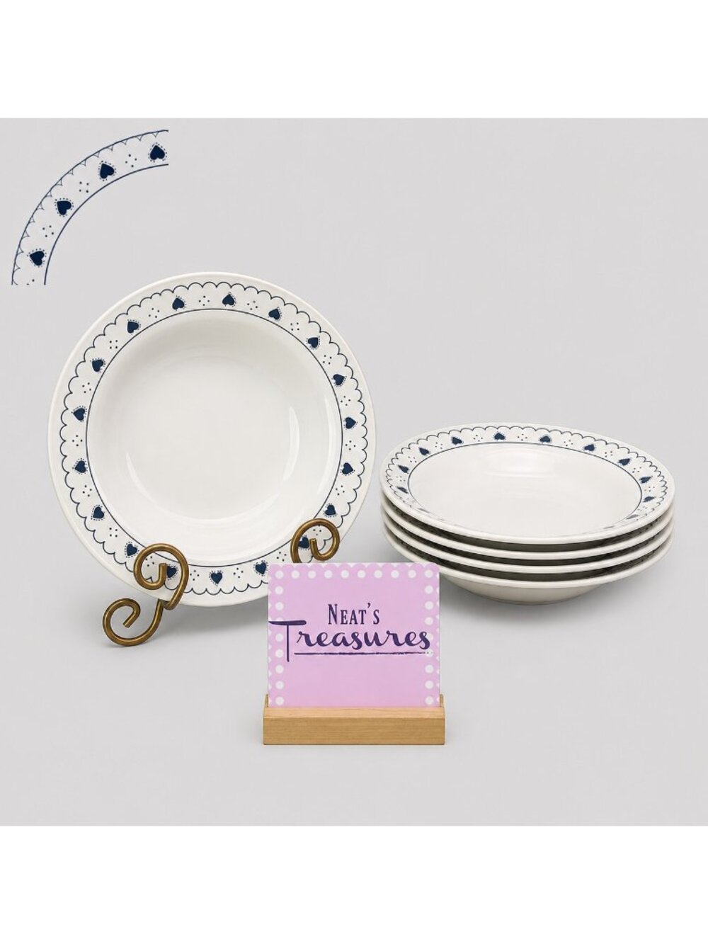 Oxford OXF8 Brazil 0920-1 White Blue Hearts Stoneware Rim Soup Pasta Bowls Set 5